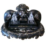 Papier Mache with Mother of Pearl Inkwell Desk Set