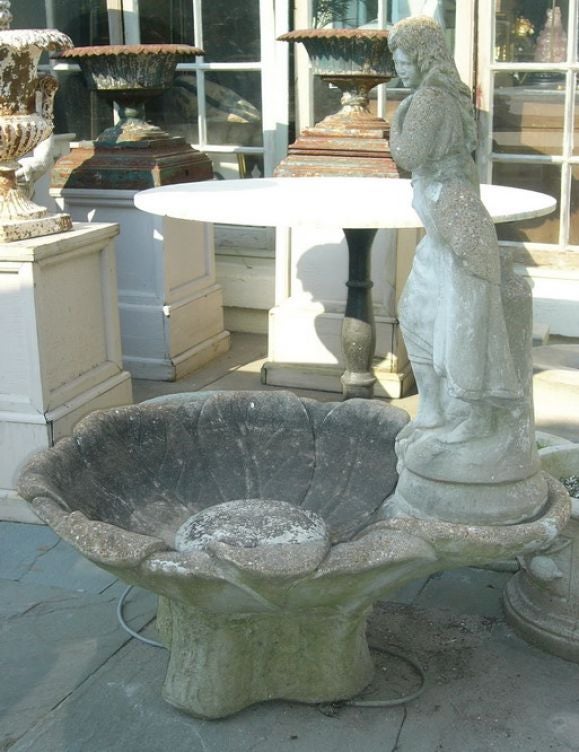 Stone 3 piece fountain with a woman statue pouring water into leafy basin, Needs a pump in order to flow