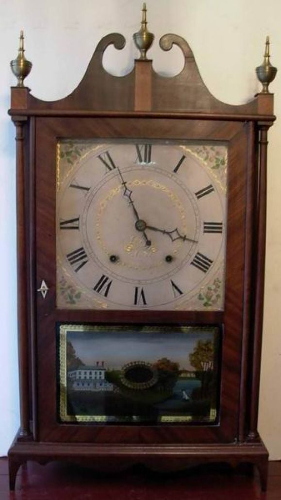 Classic 1830's Seth Thomas American Pillar & Scroll Clock (30 Hour) Good Running Order, Beautiful Reverese Painted Glass on front