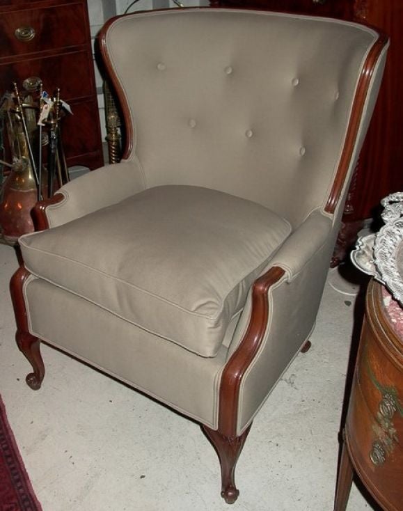 Newly Upholstered - Elegant Style with wood trim,<br />
Button Back Curved Wing Chair, Sturdy and comfortable