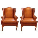 Vintage Pair of Host & Hostess Leather Wing Chairs
