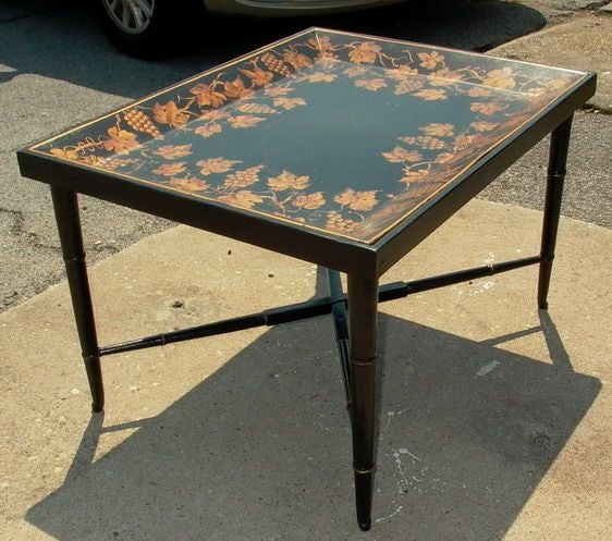 Antique Tole Tray with Grape Vine Motif fitted into custom made decorative table base. Tray is removable