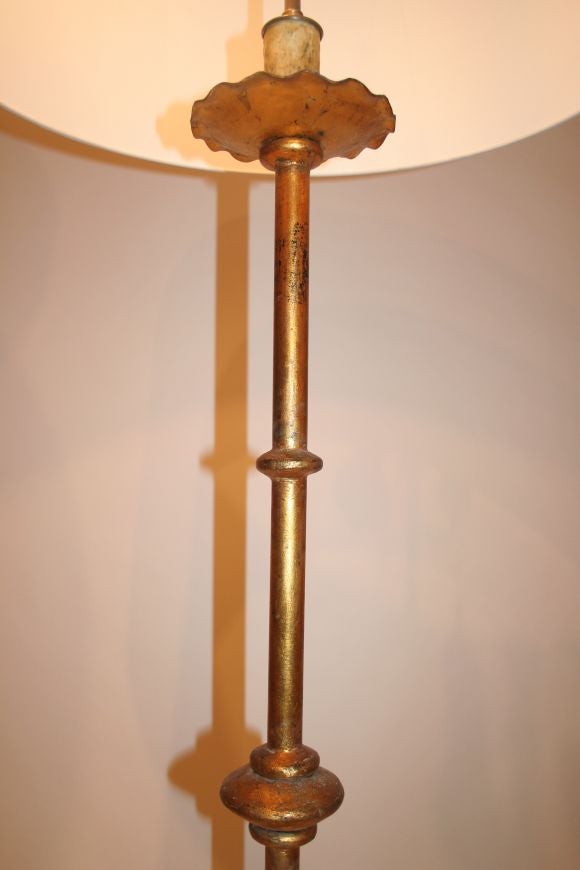 Unusual Gilt Iron floorlamp, Spain 1940s. Sold with large paper shade