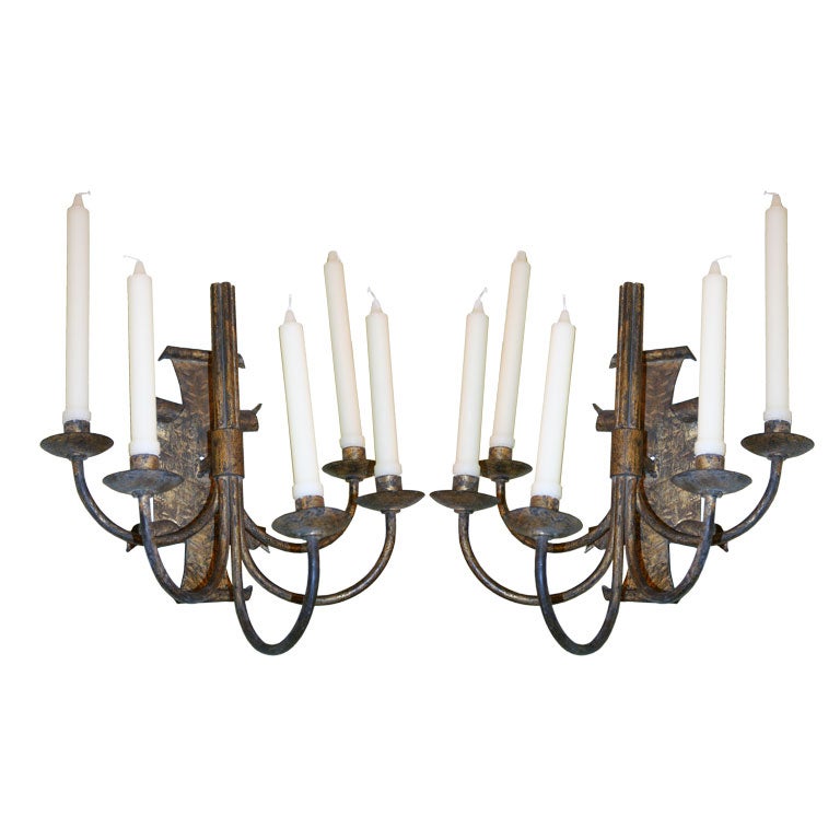 Pair of Spanish Gilt Metal Sconces With Five Arms For Sale