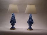 Pair of Spanish blue ceramic lamps with floral designs