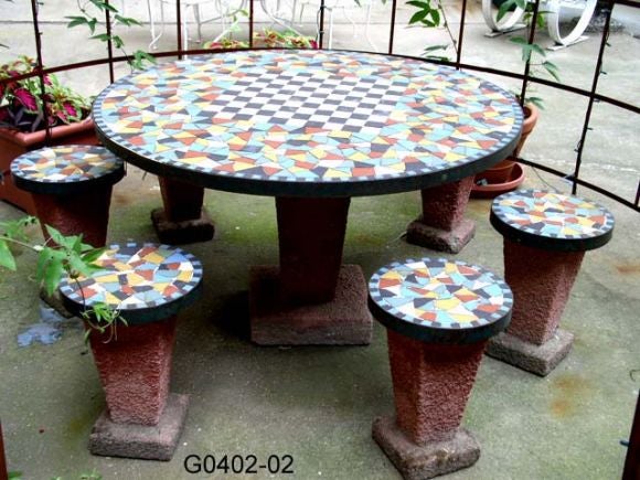 Cement Garden Set with Six Stools