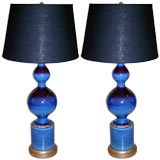 Pair of Tall Blue and Eggplant Ceramic Lamps