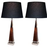 Pair of Wood and Nickel Obelisk Lamps