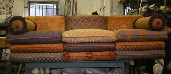 Turkish sofa in an array of colorful, luxurious fabrics-designed by David Barrett exclusively for the Stroheim & Romann New York City showroom window. Upholstered in a variety of S&R and JAB fabrics.