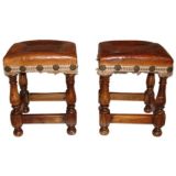 Pair of Small English Leather Top Benches
