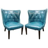 Aqua Leather Tufted Back Chair