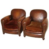 Pair of Leather & Velvet Club Chairs