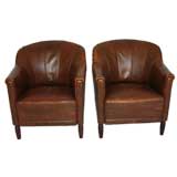 Pair of Antique Leather Bucket Club Chairs
