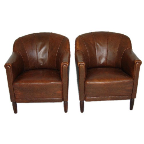 Pair of Antique Leather Bucket Club Chairs at 1stDibs