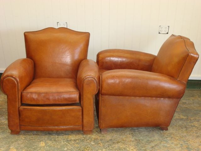 French Pair of Mustache Back Leather Club Chairs