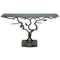 French Marble and Iron Console with Branch Motif Base
