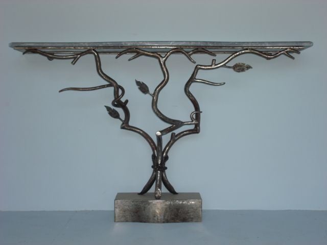 French Iron Console with Branch Motif Base and Gray Carrera Marble Top<br />
53