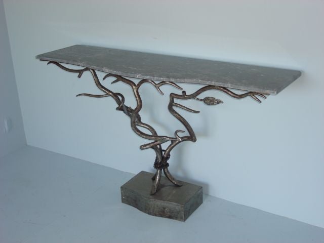 French Marble and Iron Console with Branch Motif Base 4