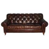 English Three Seater Tufted Brown Leather Sofa