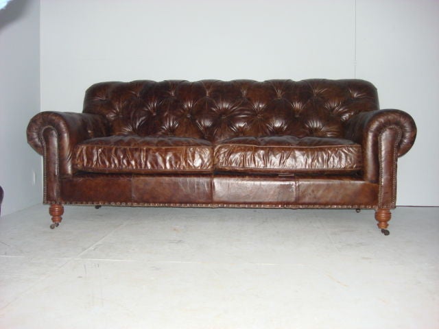 English Three Seater Tufted Brown Leather Sofa