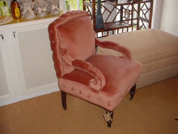 Pair of Unusual Small Upholstered Chairs with  Casters Reupholstered in Fawn Suede.<br />
24