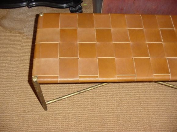 Woven Leather Bench with Hand Hammered Iron Frame