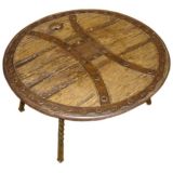 French Round Antique Wine Cask Coffee Table with Iron Base