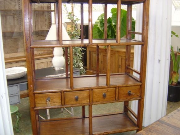 Chinese Elmwood Scholar's Bookcase w/4 drawers