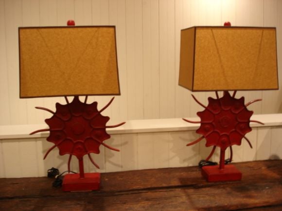 Pair of Red Circular Fan Metal Lamps