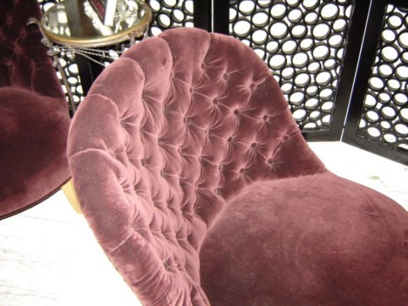 Pair of French 1940's Tufted Back Chauffeuses on Sycamore Legs<br />
Burgundy Velvet<br />
30