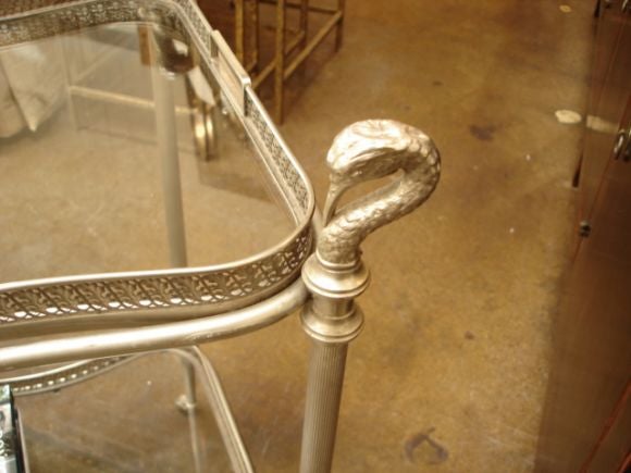 Antique Chrome Bar Cart With Removable Tray Top and Lower Shelf and Swan Decor, Circa 1950<br />
30