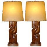 Pair of Carved Wood Arts and Crafts Lamps Pair of Carved Wood Arts and Crafts Lamps