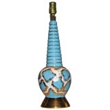 Vintage Spiral Blue Ceramic Table Lamp w/ Gold & White Accents