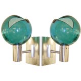 Pair of Seguso Aqua  Glass and Brushed Nickel Sconces