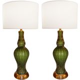 Pair of Barovier Green and Gold Glass Lamps
