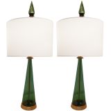 Pair of Blenco Green Glass Lamps with Large Glass Finials