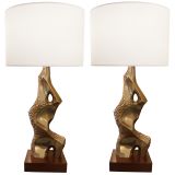 Pair of Frederick Weinberg Metal Lamps on Mahogany Bases