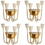 4 Italian 1930's Brass & Enamel Tulip Sconces