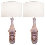 Pair of Italian Pink, Metalic Gold & Cream Strip Ceramic Lamps