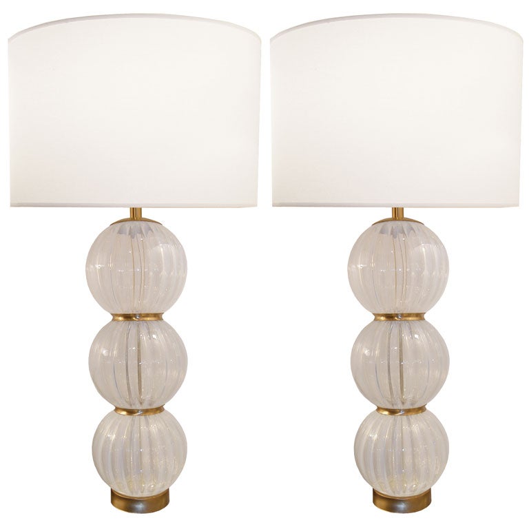 Pair of Large Barovier Opalescent 3 Ball Lamps