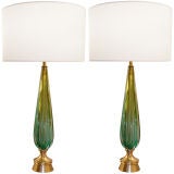 Pair of Seguso Green and Blue Fluted Glass Lamps