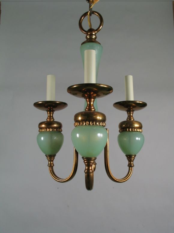 #1-504 Mint green opaline glass and aged brass Italian chandelier.Three light.