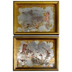 Antique Pair of Italian Reversed Putti  Paintings on Glass 1920