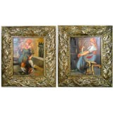 Vintage Pair of Italian Farm girls oil paintings