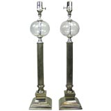 Antique Pair silver plated brass column lamps