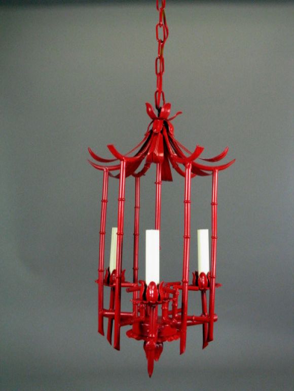 #1-1294a   A  red tole pagoda lantern.Three internal lights.