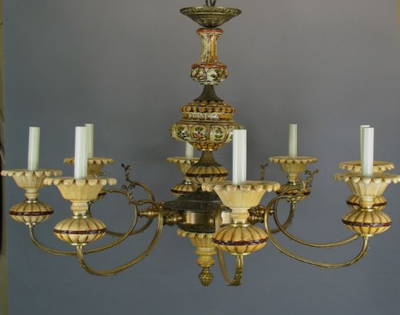 brass and hand painted ceramic chandelier