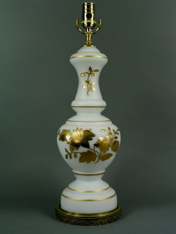 Pair opaline glass lamps with 14K gold overlay