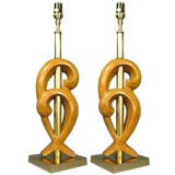 Circa 1940
s Pair Sculptural wood and brass  Lamps