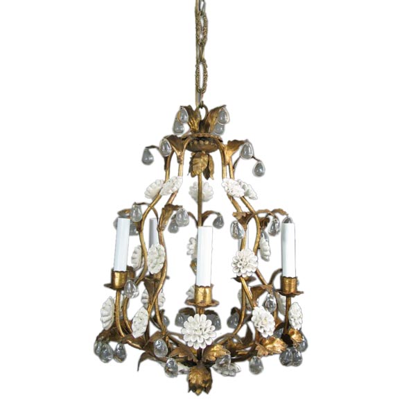 Circa 1950's Italian Giltmetal and Porcelain chandelier